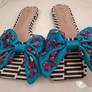 Betsey Johnson Daisy Slide Sandals with Satin Bow & Pink Gem Accents